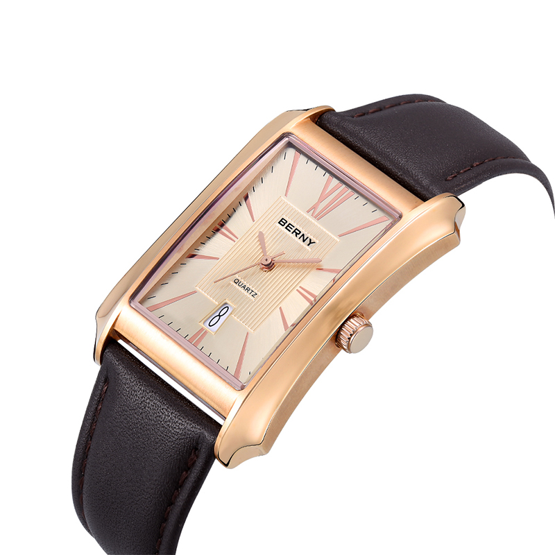 Leather Watch Band Men - BERNY Men Rectangle Quartz Watch Top