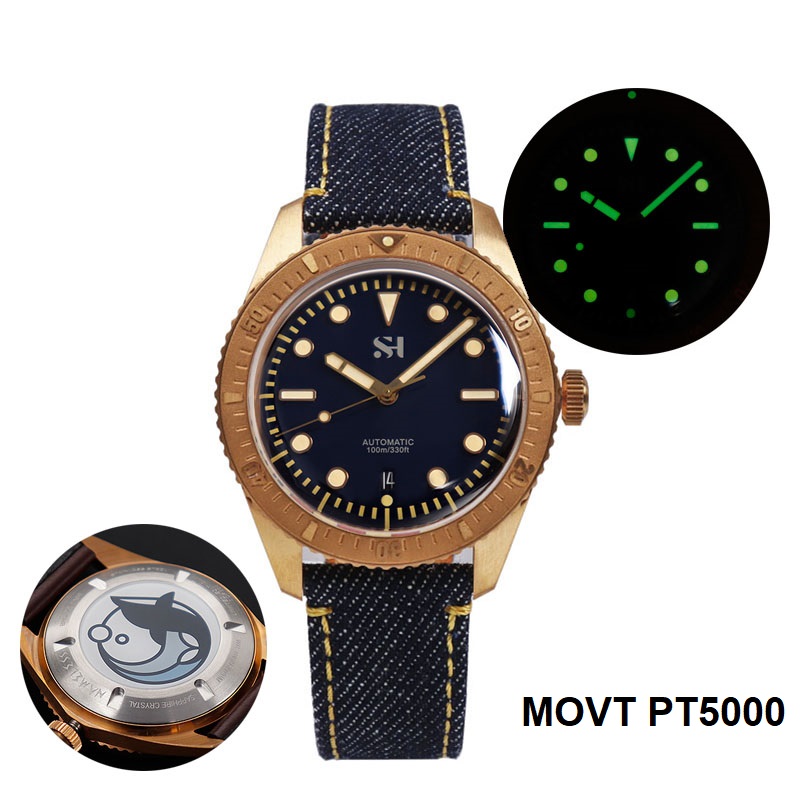 Canvas Strap Watch - 42mm Bronze Mens Watch Mechanical Hand