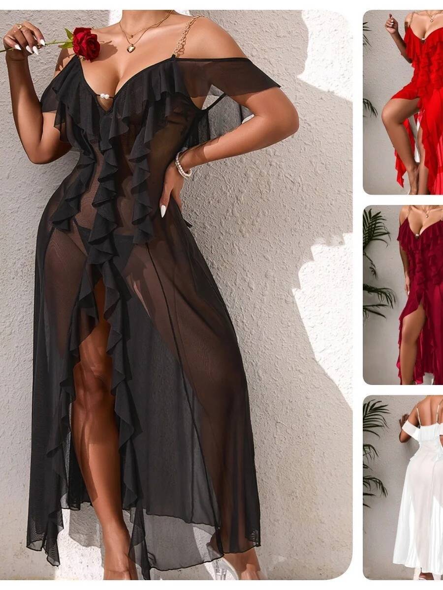Solid Color Mesh Nightdress Wi - Mesh Strap Metal review and price